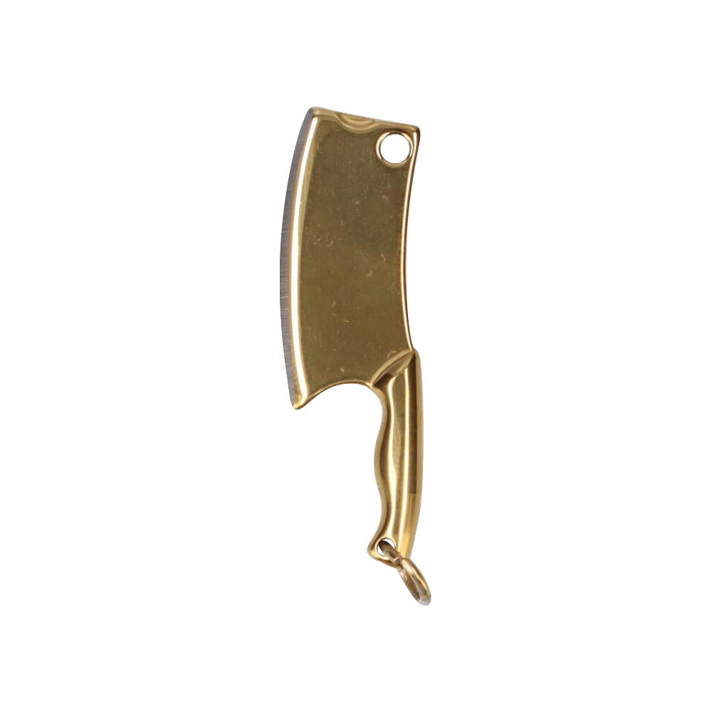 Centered front view of a small gold cleaver keychain, the THGC EX II Mini Chopping Knife with Cover shown upright on a white background.