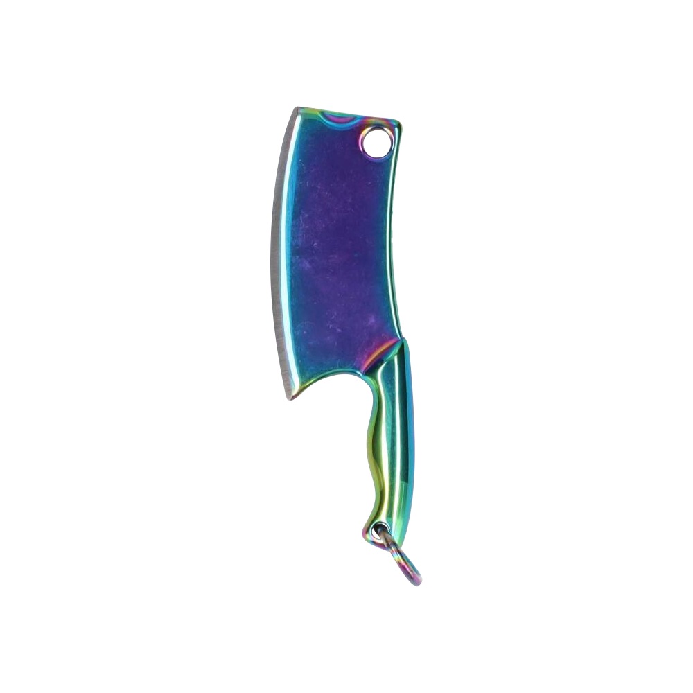 Top-down view of the iridescent THGC EX II Mini Chopping Knife with Cover showing its purple-green cleaver blade, curved handle, and hanging keyring.