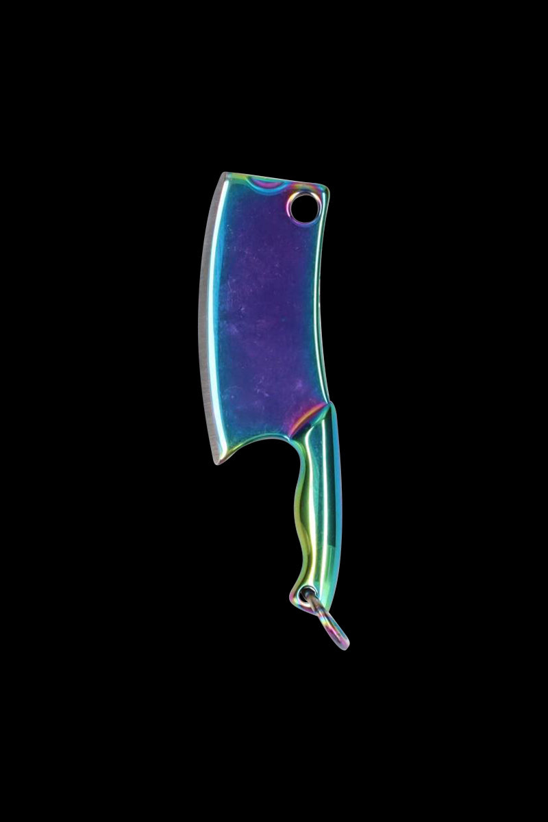 Close-up front view of the THGC EX II Mini Chopping Knife with Cover in a reflective rainbow finish against a black background.