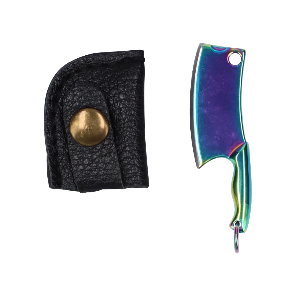 Top-down view of a rainbow-finished THGC EX II Mini Chopping Knife with Cover beside its textured black leather snap pouch.