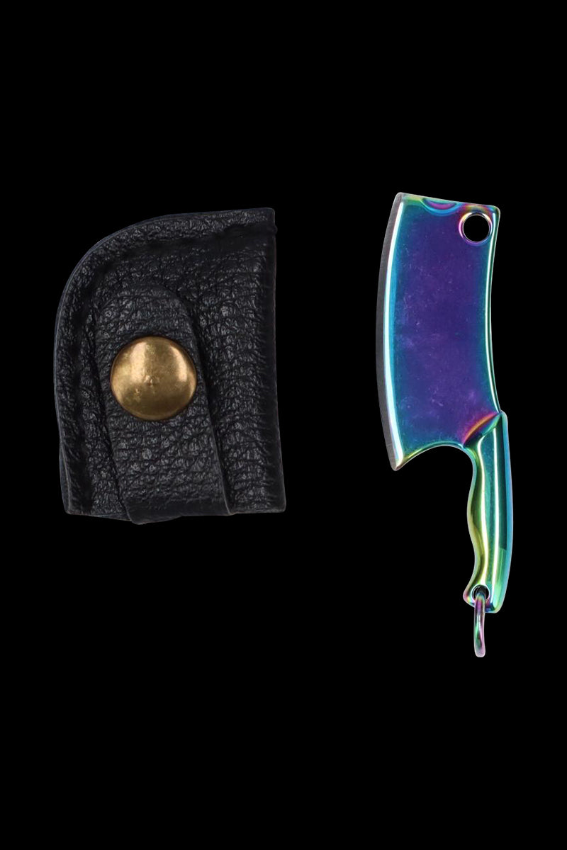 Top-down view of the iridescent THGC EX II Mini Chopping Knife with Cover beside its black leather snap cover on a black background.