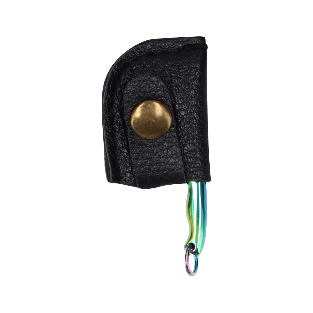 Close-up of a black leather sheath with brass snap showing the rainbow-metal handle tip of the THGC EX II Mini Chopping Knife with Cover