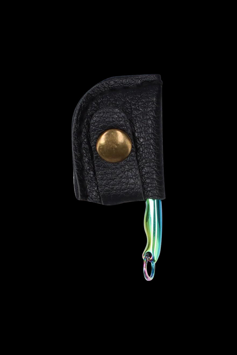 Close-up front view of the THGC EX II Mini Chopping Knife with Cover showing a textured black leather sheath with a brass snap and a rainbow-metal blade tip against a black background