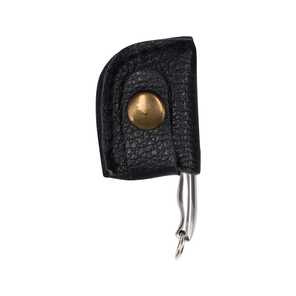 Close-up front view of the THGC EX II Mini Chopping Knife with Cover showing textured black leather cover and brass snap with the knife's shiny metal loop visible below