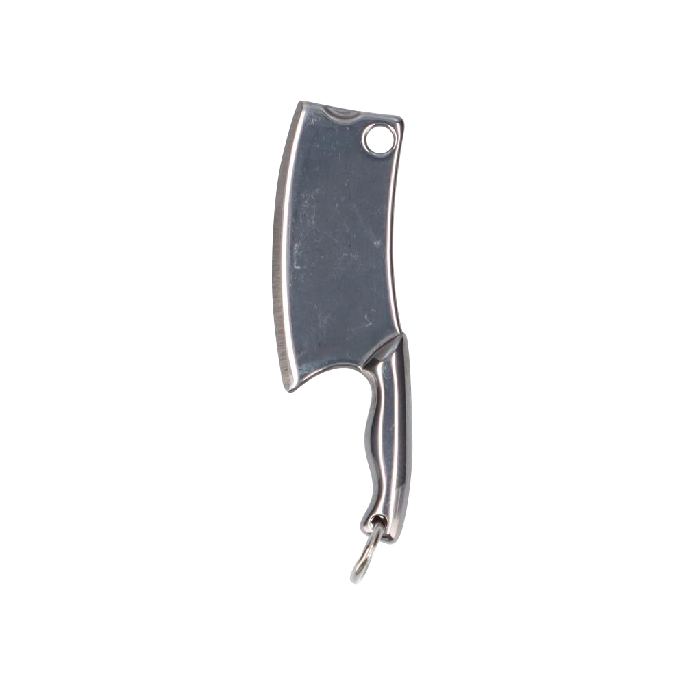Top-down view of the stainless-steel THGC EX II Mini Chopping Knife with Cover showing its cleaver-style blade, curved handle, and keyring hole.
