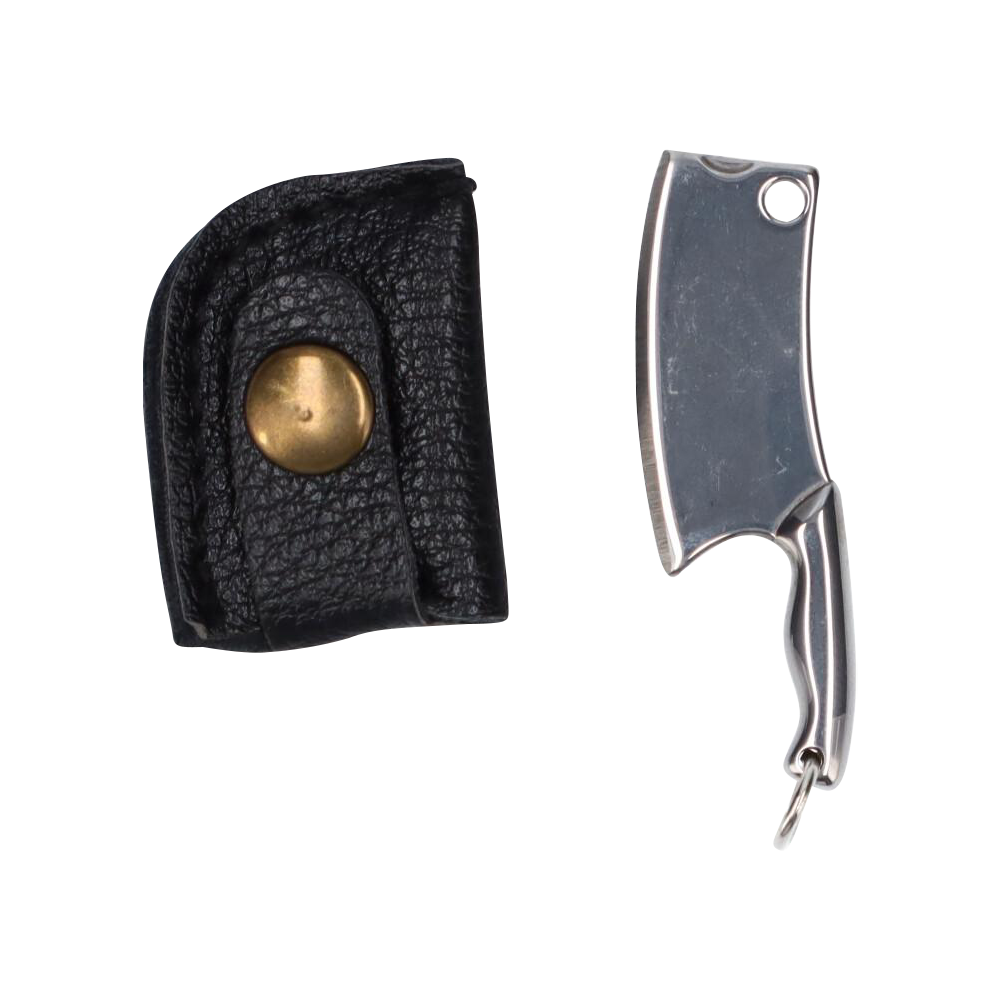 Top-down view of the THGC EX II Mini Chopping Knife with Cover beside its black leather snap cover on a white background.
