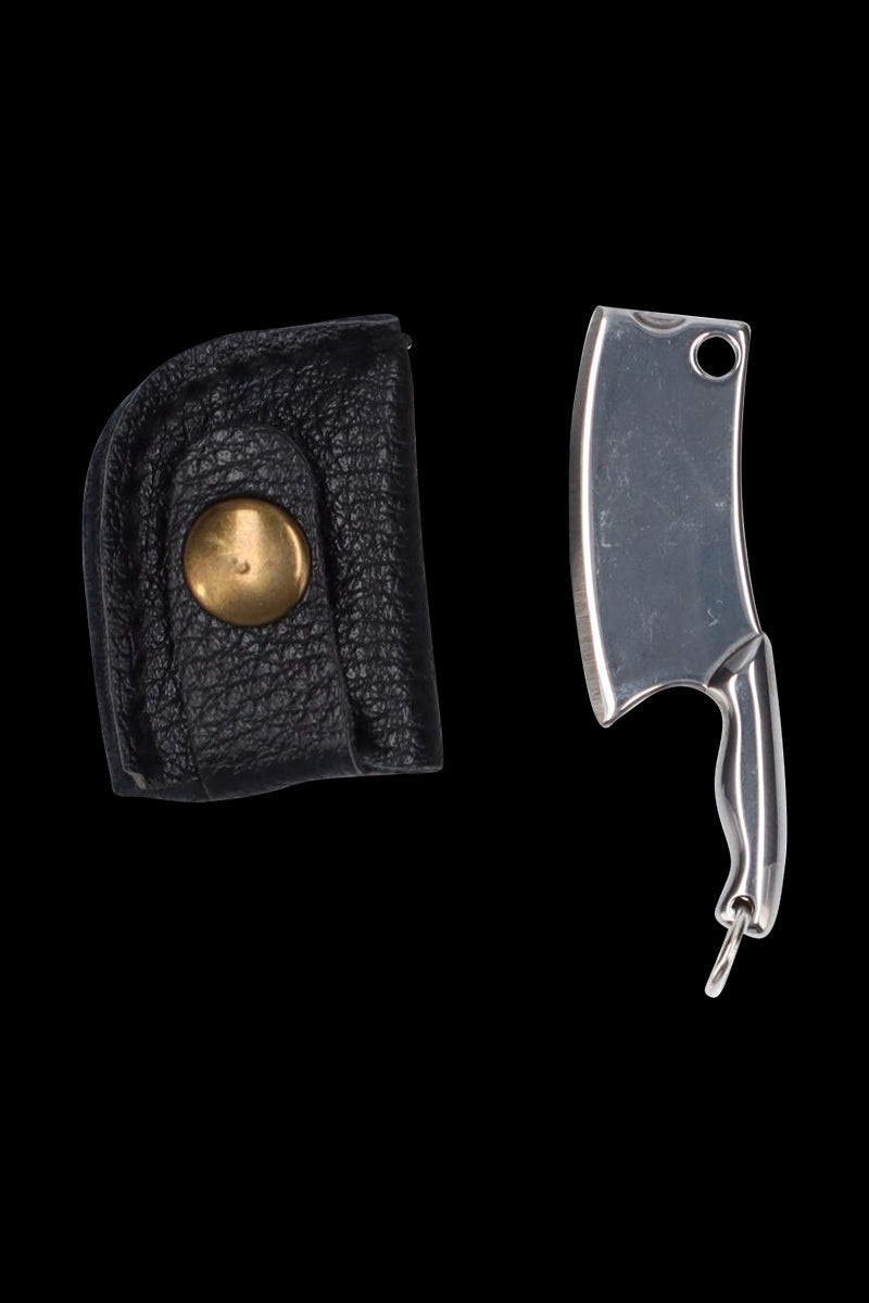 Top-down view of the THGC EX II Mini Chopping Knife with Cover showing the small steel cleaver and its black leather snap pouch.