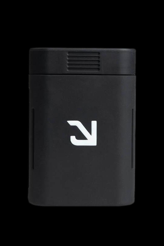 Black cannabis storage container with white logo.