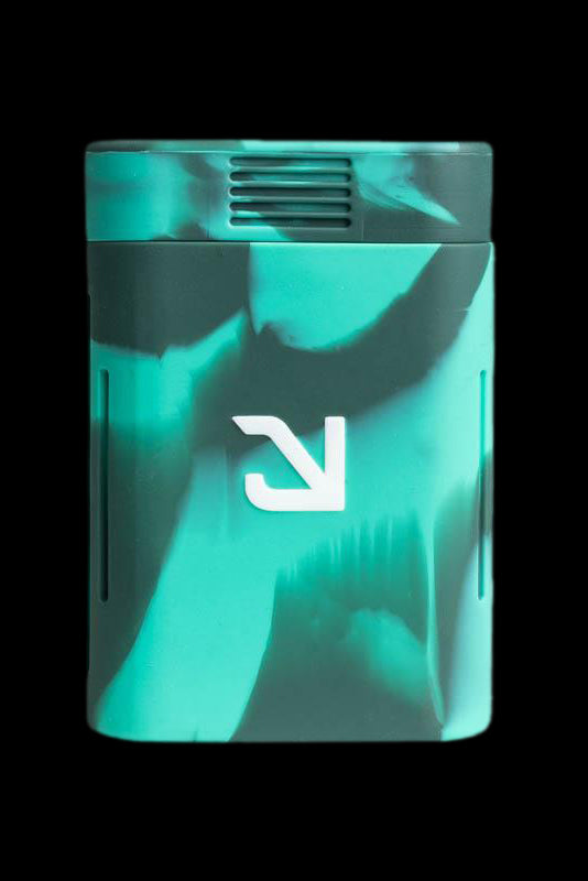 Teal silicone cannabis container with a white logo.