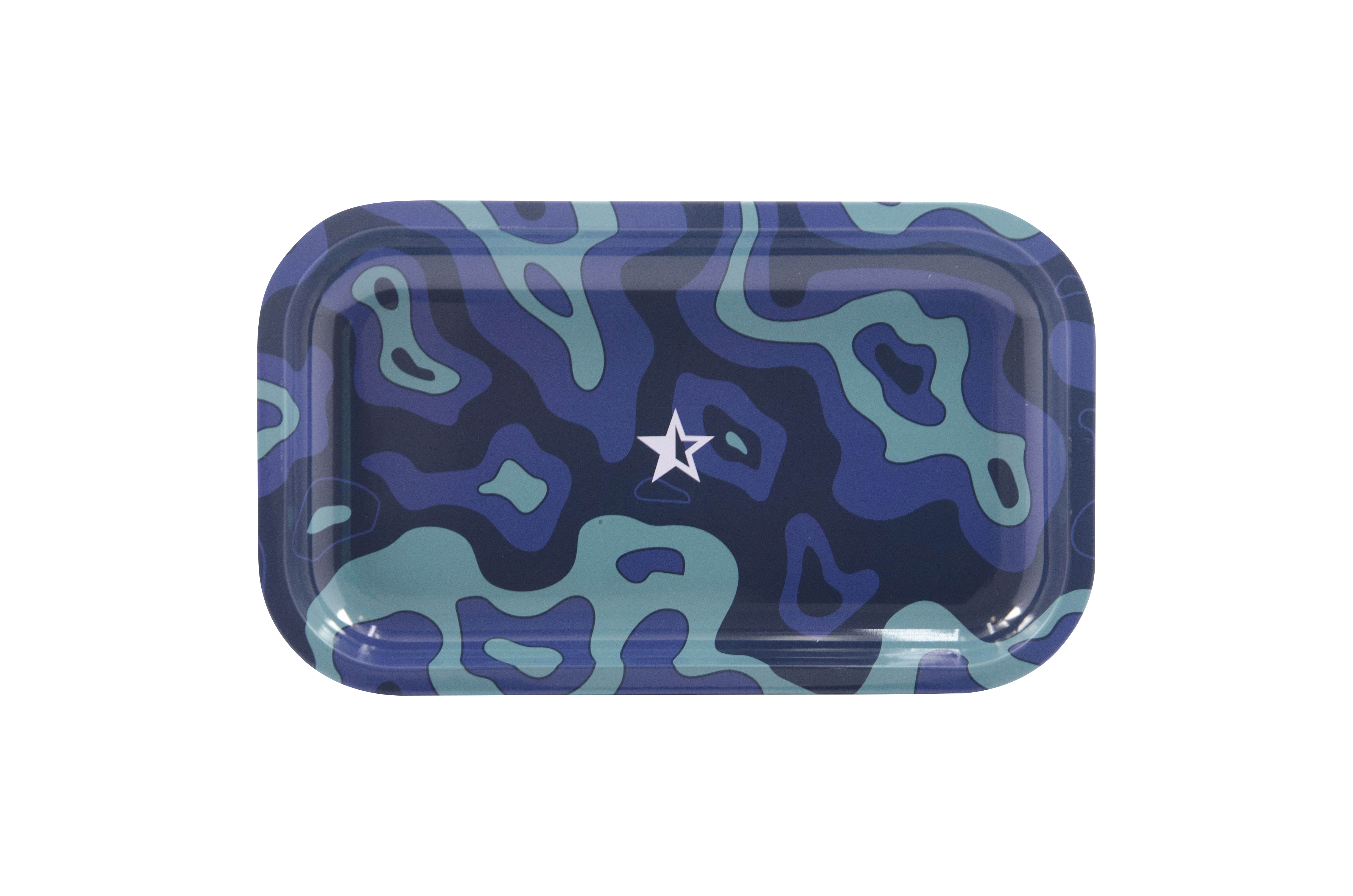Front view of the Famous Brandz "Fabric" Rolling Tray, showcasing a patterned design on a dark blue surface.