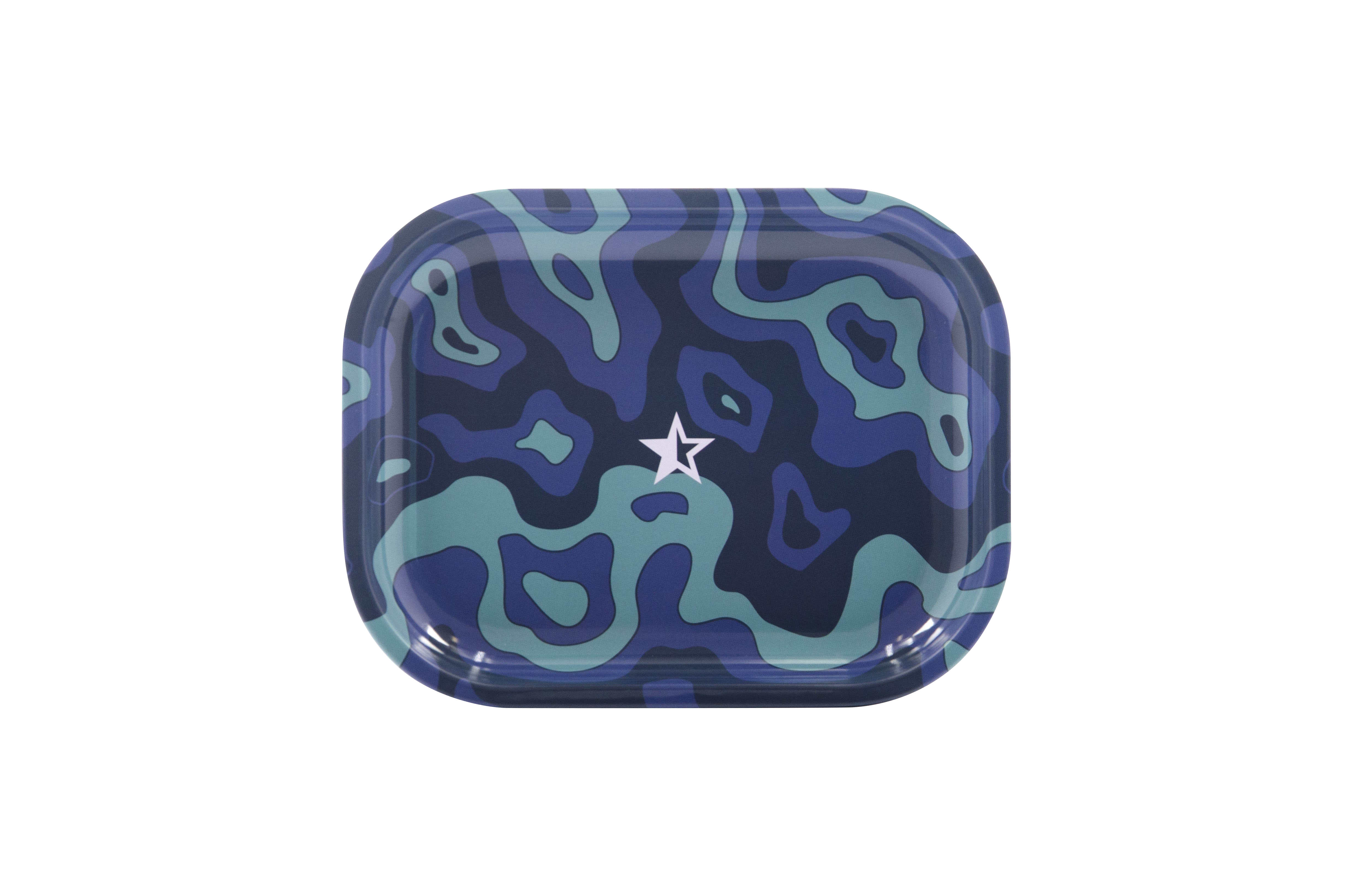 Overhead view of the Famous Brandz "Fabric" Rolling Tray displaying a vibrant, patterned design on a glossy surface.