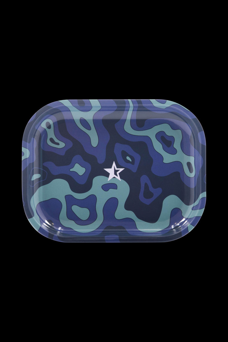 Top-down view of the Famous Brandz "Fabric" Rolling Tray, showing a colorful, swirling pattern on a flat surface.