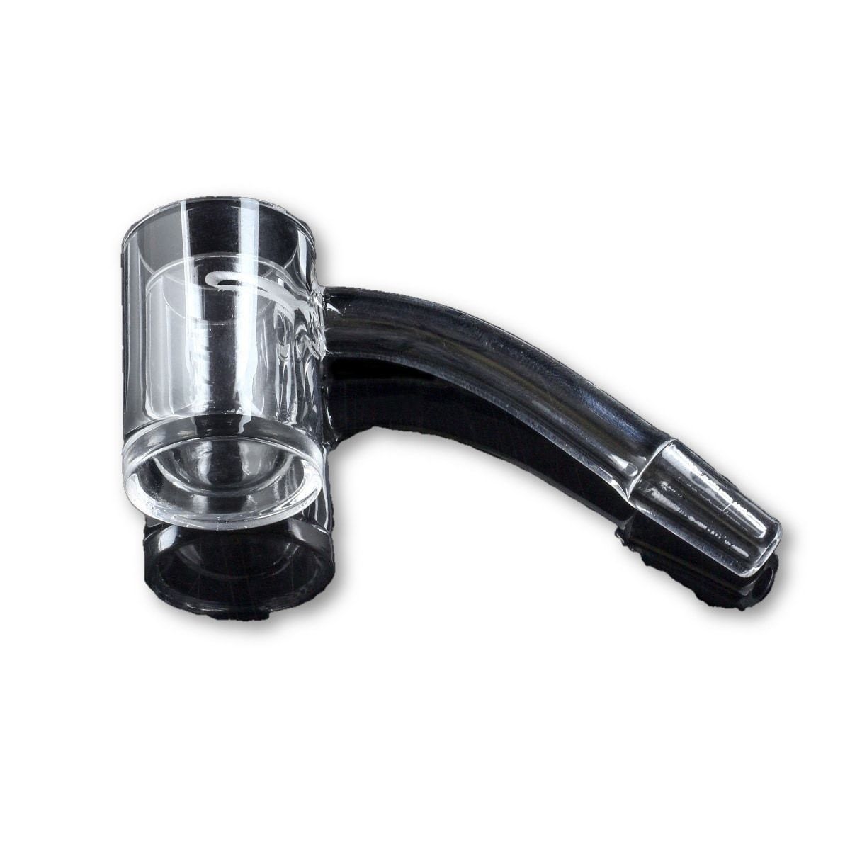 Angled close-up of a clear Flat Top Thick Banger with 25mm Cup showing the cylindrical 25mm cup and curved neck against a white background