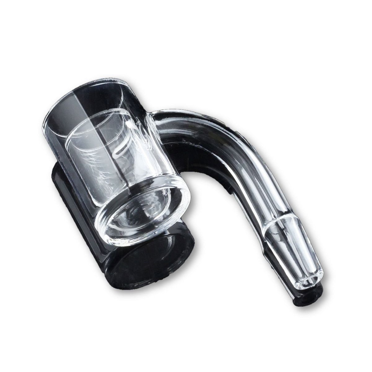 Angled close-up of a clear Flat Top Thick Banger with 25mm Cup showing the rounded 90-degree joint and reflective inner cup.