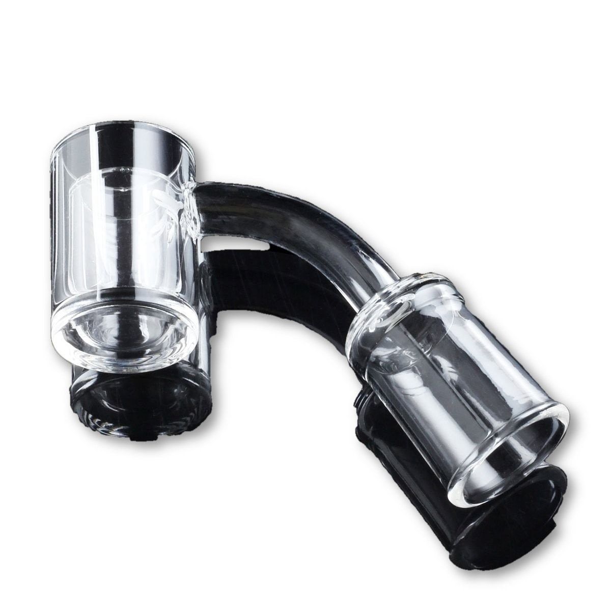 Angled close-up of the Flat Top Thick Banger with 25mm Cup showing its clear glass cup and curved neck against a white background.