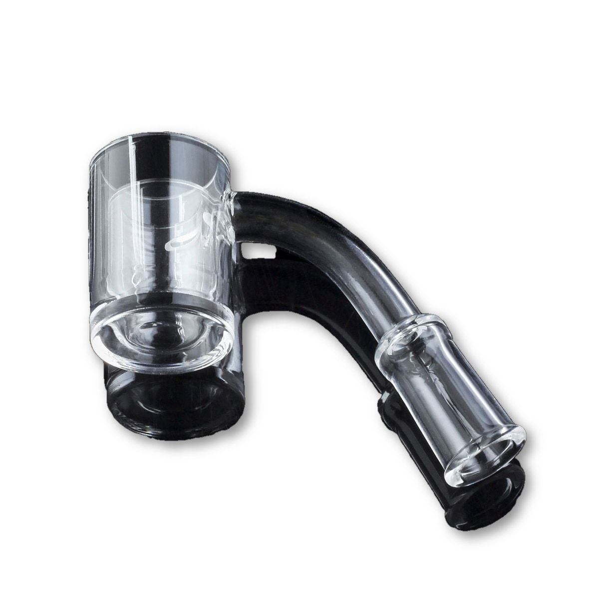 Angled close-up of a clear glass Flat Top Thick Banger with 25mm Cup showing the rounded flat top cup and curved neck against a white background