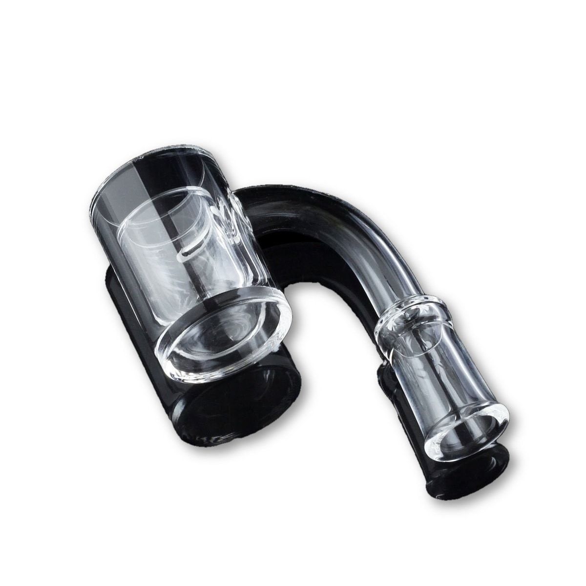 Angled close-up of a clear glass Flat Top Thick Banger with 25mm Cup resting on a black pad, showing the 90-degree neck and thick-walled cup.