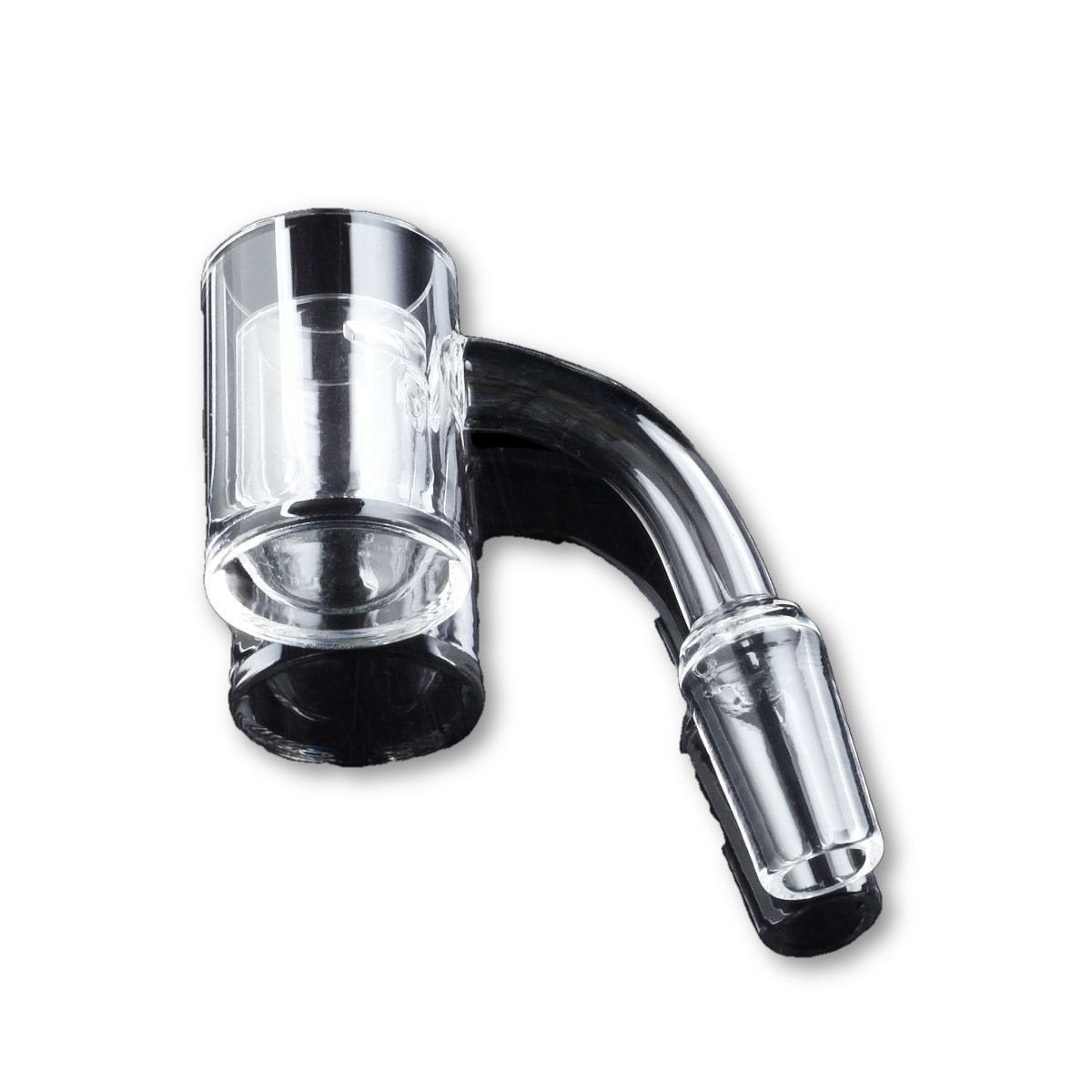 Angled close-up of a clear Flat Top Thick Banger with 25mm Cup showing the glossy joint and curved neck against a white background