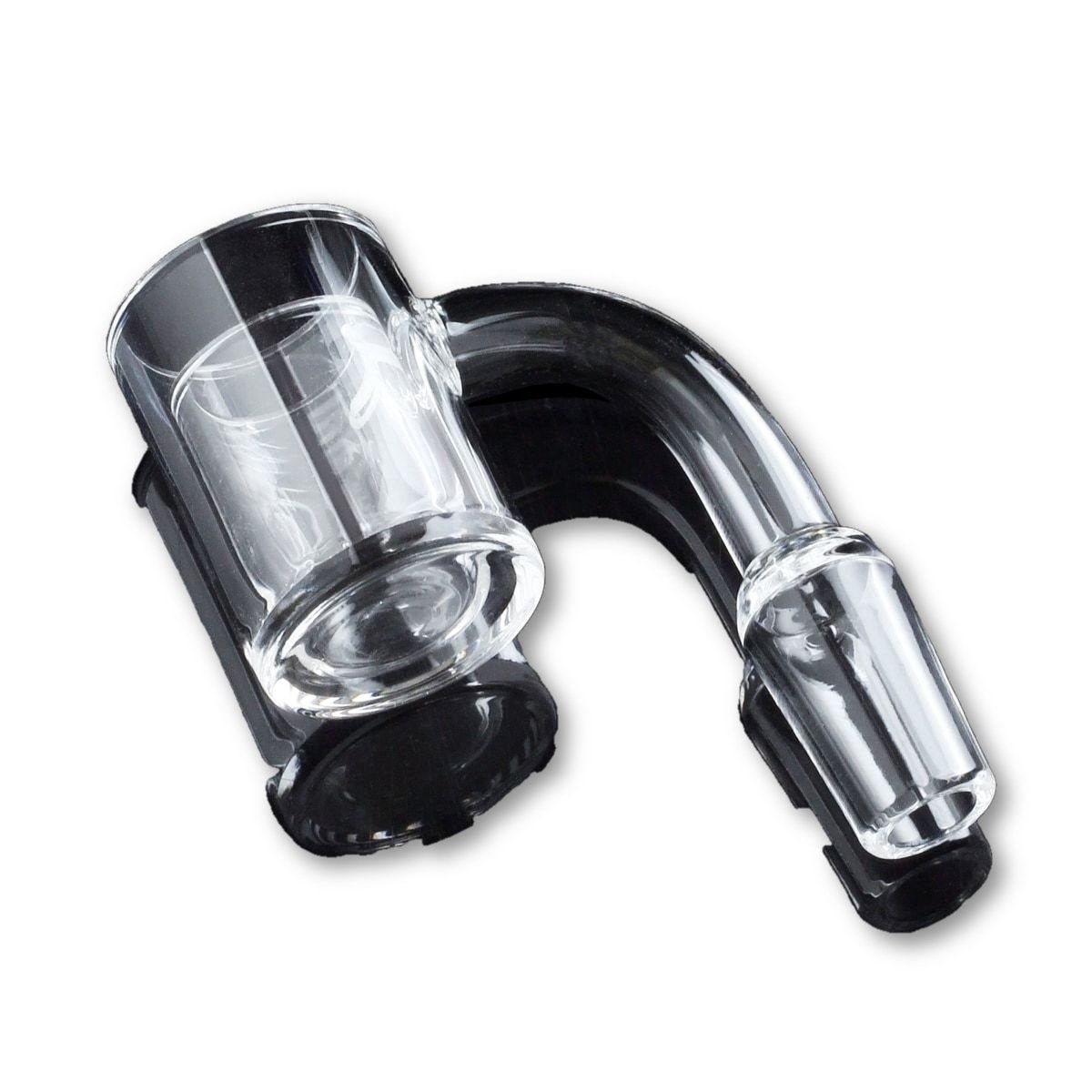 Angled close-up of a clear Flat Top Thick Banger with 25mm Cup showing the 90-degree neck and glossy cup rim against a white background