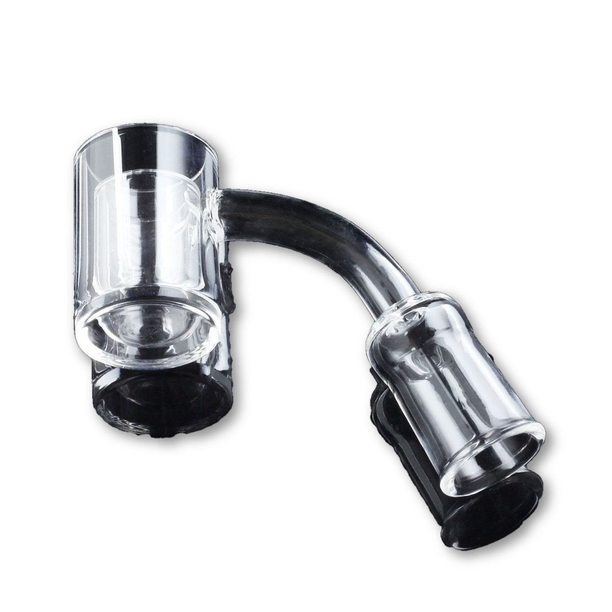 Angled close-up of a clear glass Flat Top Thick Banger with 25mm Cup showing the 90-degree neck and polished cup rim against a white background