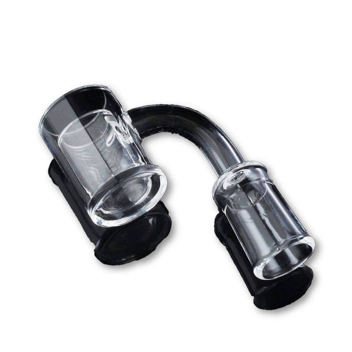 Angled close-up of a clear Flat Top Thick Banger with 25mm Cup showing its curved neck and flat-topped 25mm cup against a white background