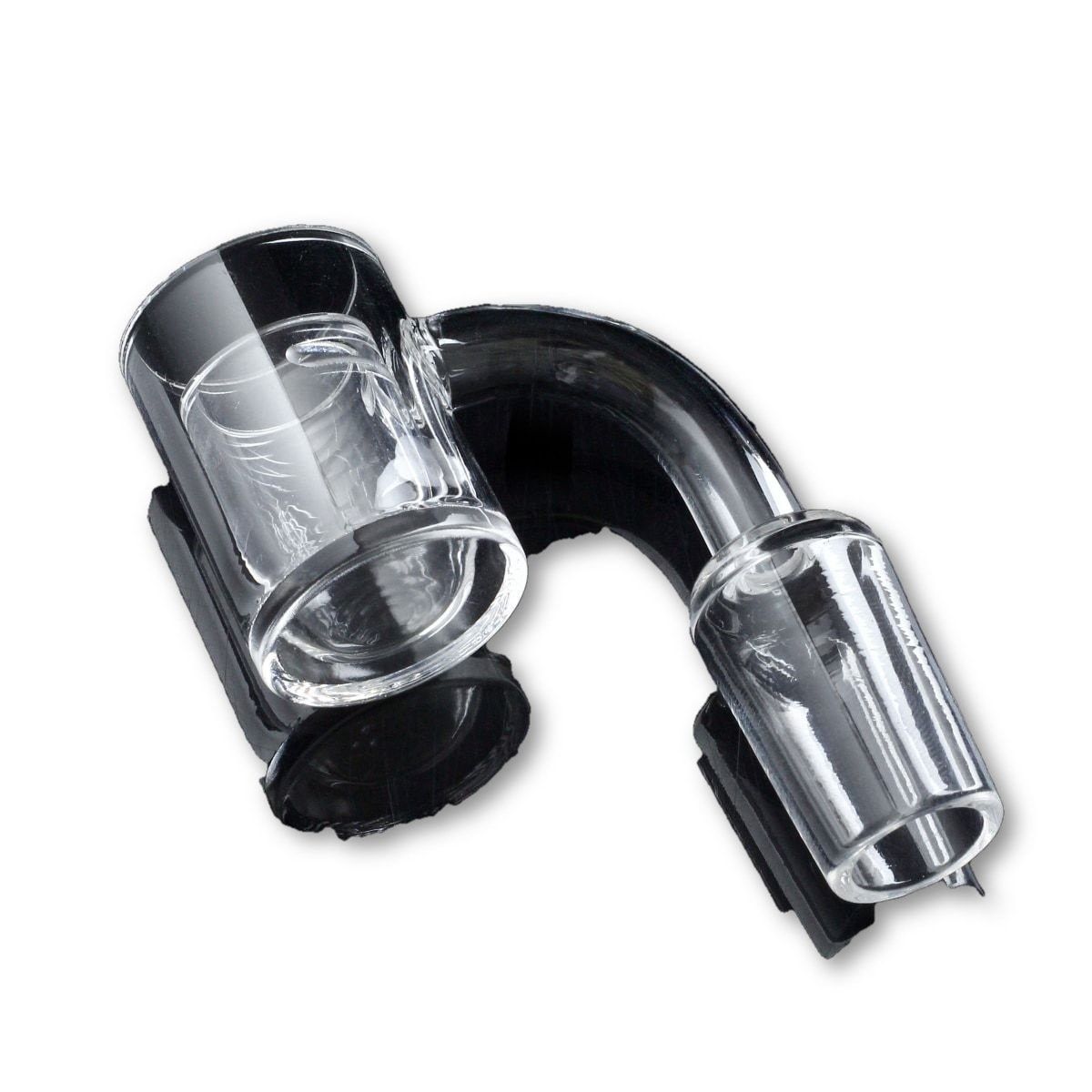 Angled close-up of a clear Flat Top Thick Banger with 25mm Cup showing the rounded 90° joint and reflective glass surfaces against a white background