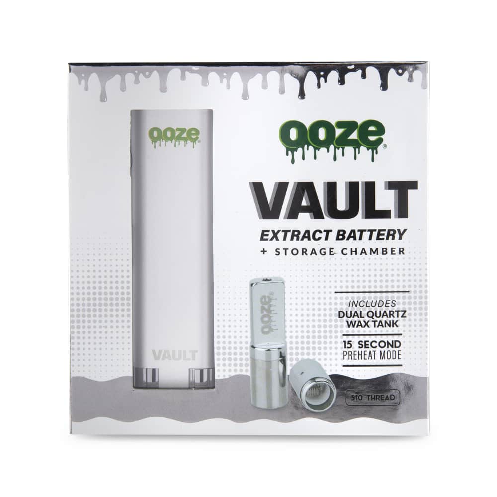 Ooze Vault cannabis oil battery and storage chamber packaging, featuring a silver pen-style battery and dual quartz wax tank.