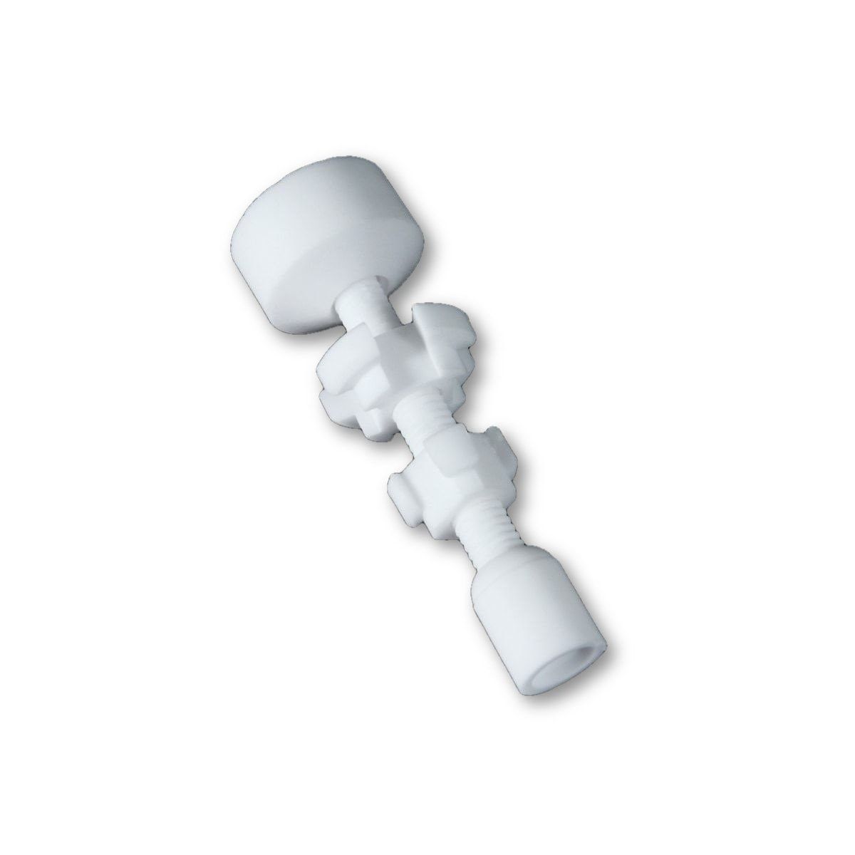 Angled close-up of a white Fully Adjustable Ceramic Nail showing its threaded stem, rounded top cap, and interlocking adjustment pieces against a plain white background