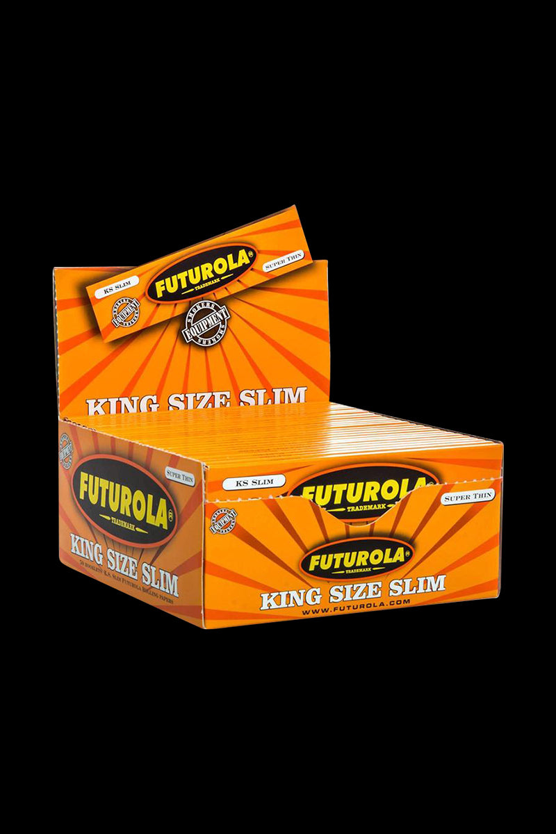 Front three-quarter view of a bright orange display box of Futurola King Size Slim Rolling Papers with stacked packs and sunburst graphics on a black background