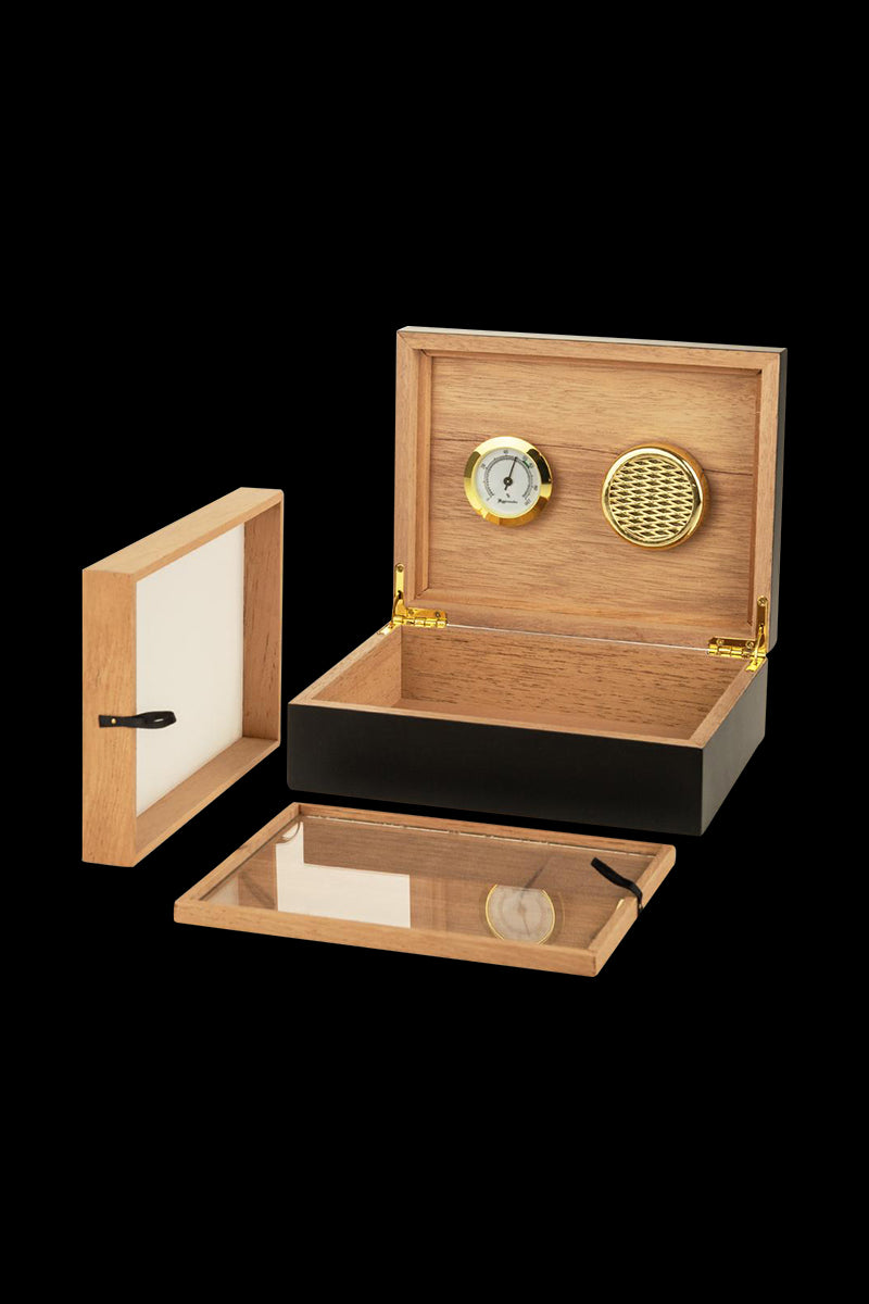An open view of the Sigaro Personal Humidor Wood Box with Hygrometer, displaying its wooden interior and a built-in hygrometer.