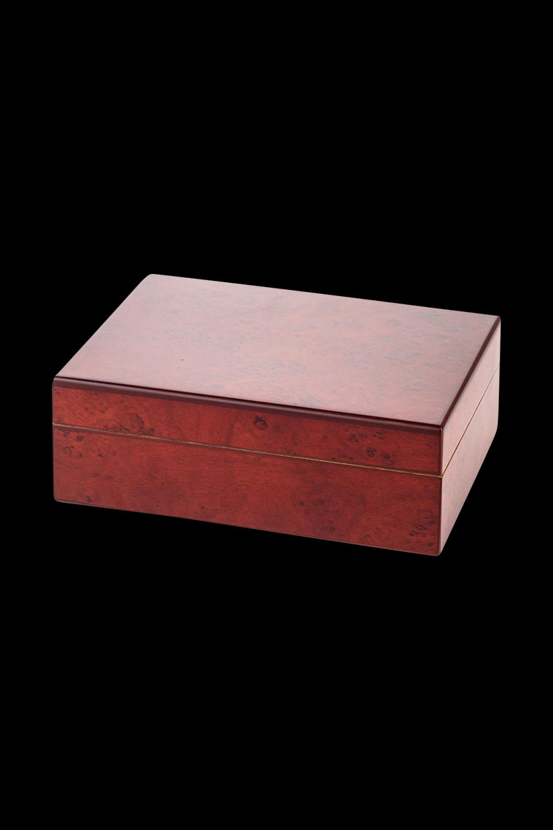 The Sigaro Personal Humidor Wood Box with Hygrometer is shown in a three-quarter view, showcasing its polished wood finish.