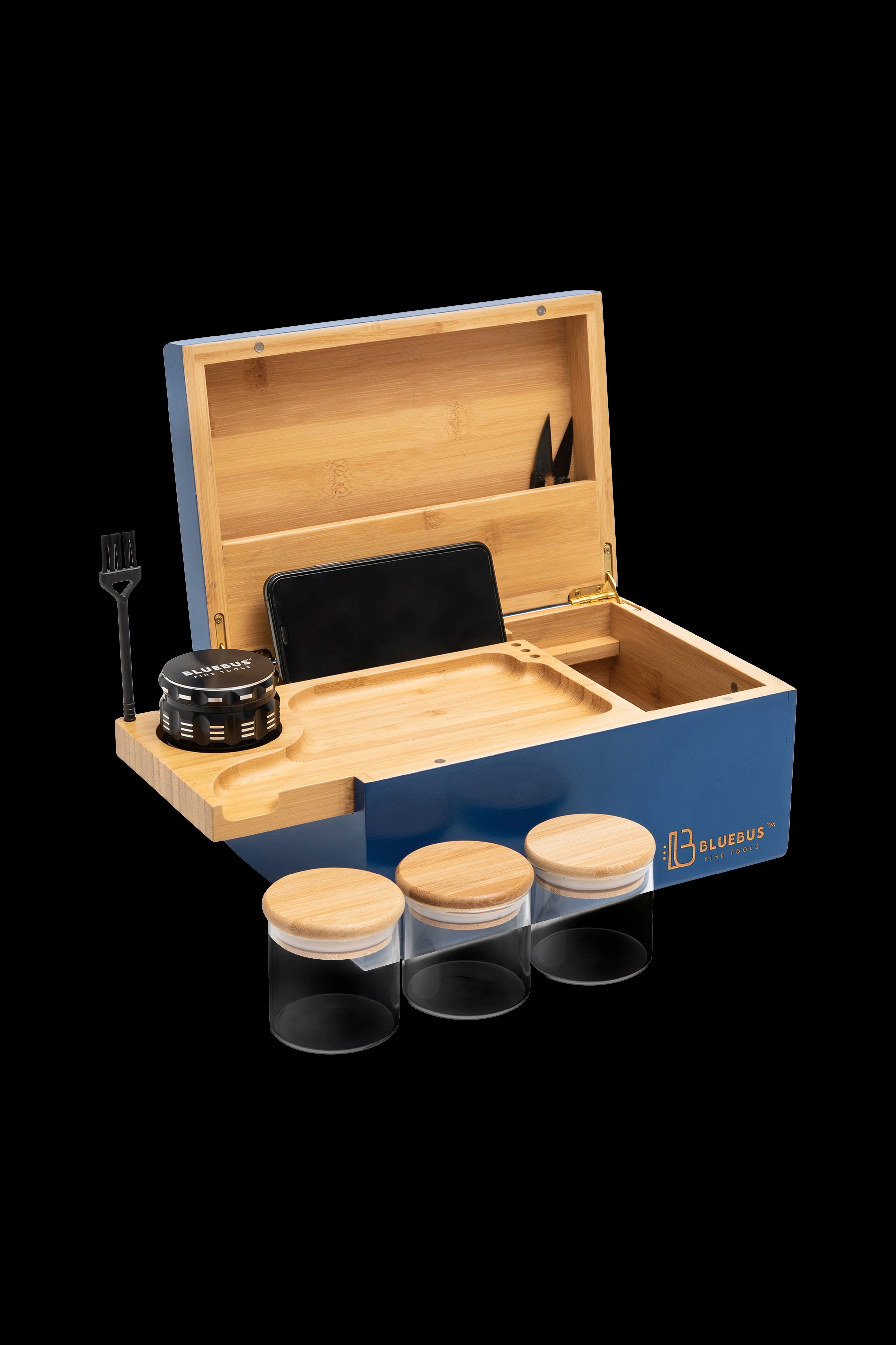 Blue cannabis storage box with grinder, jars, phone stand, and tools displayed open on a white background.