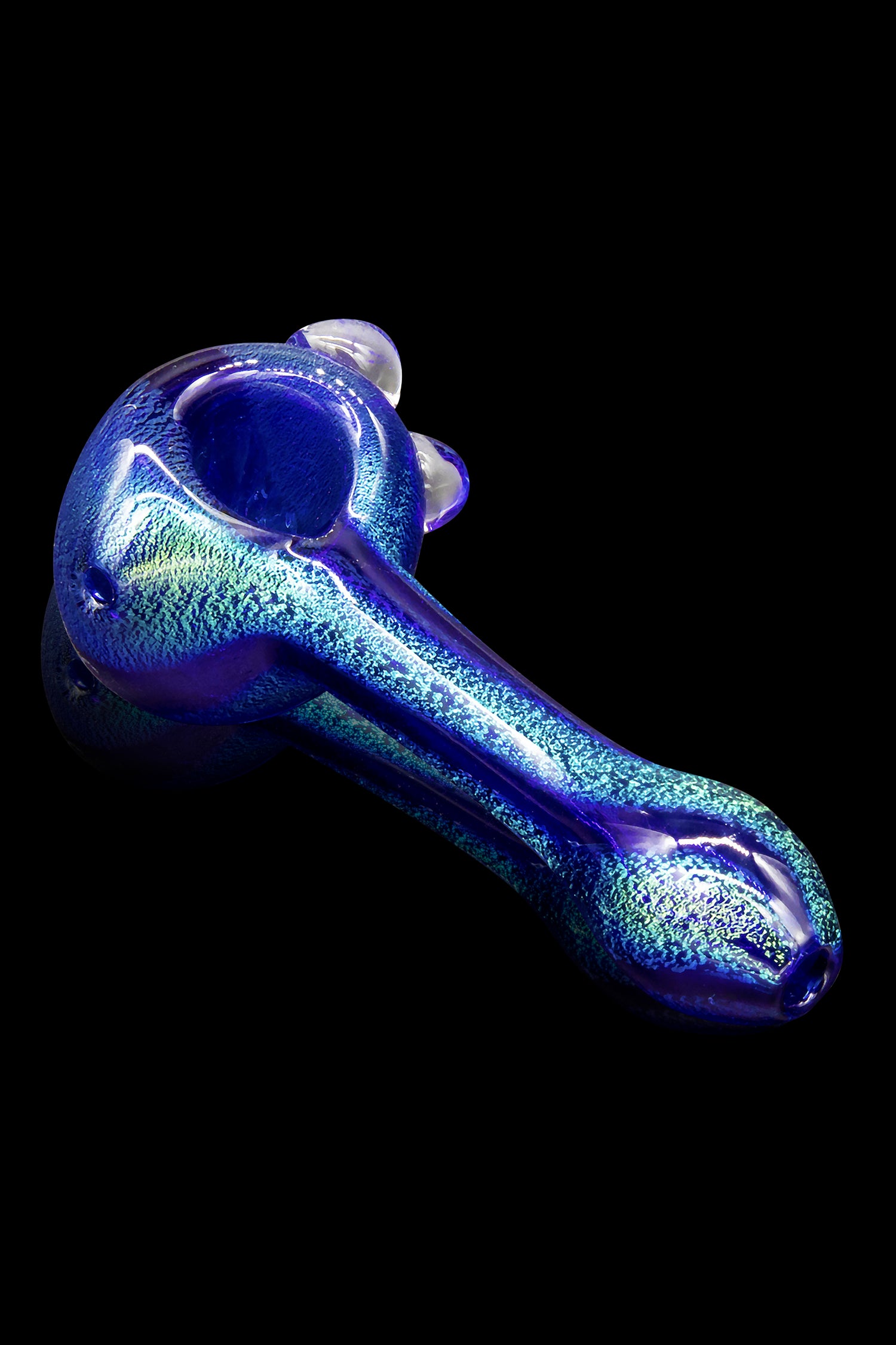 Blue glass pipe with speckled iridescent finish.
