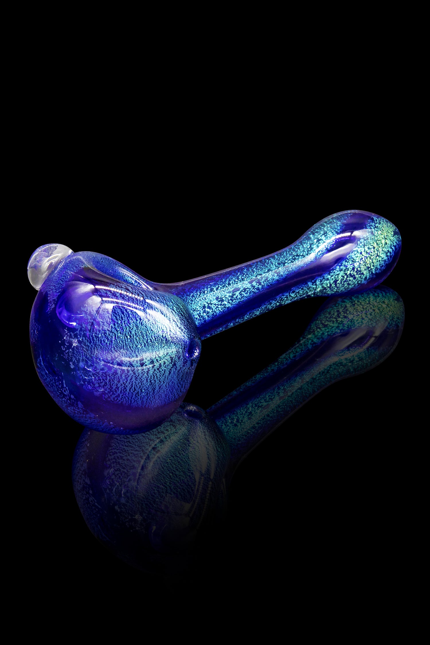 Blue glass pipe with iridescent shimmer, studio shot on a reflective black surface.