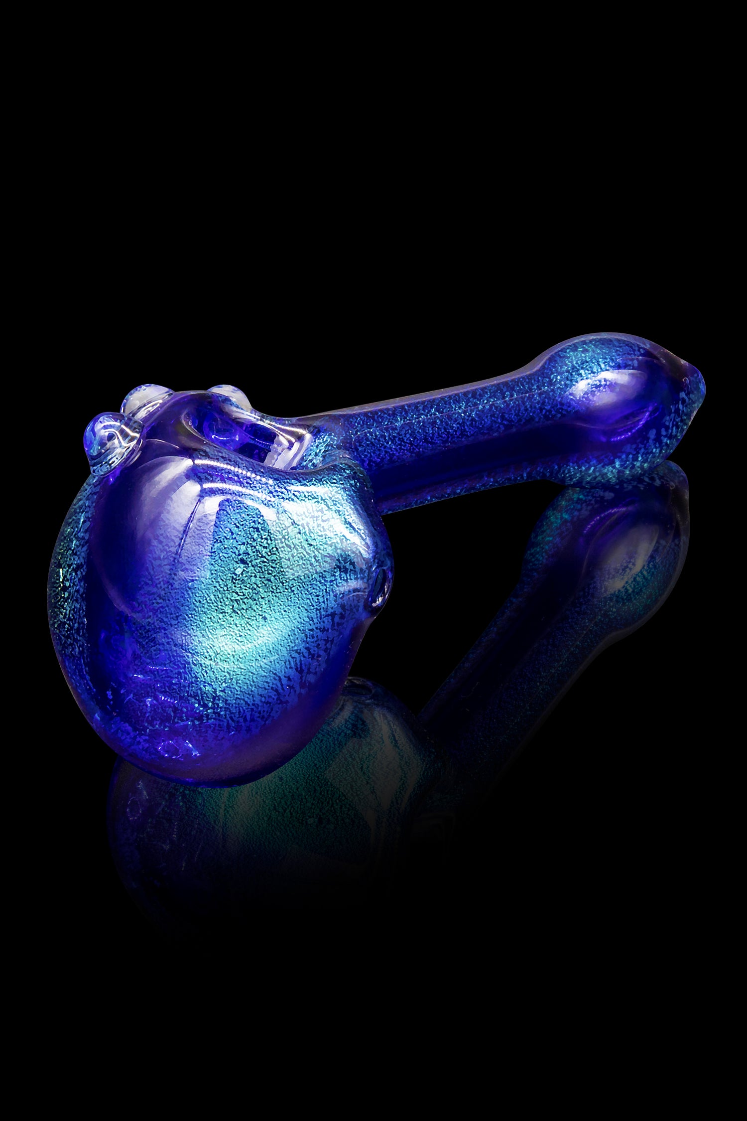 Iridescent blue glass pipe against a dark background.