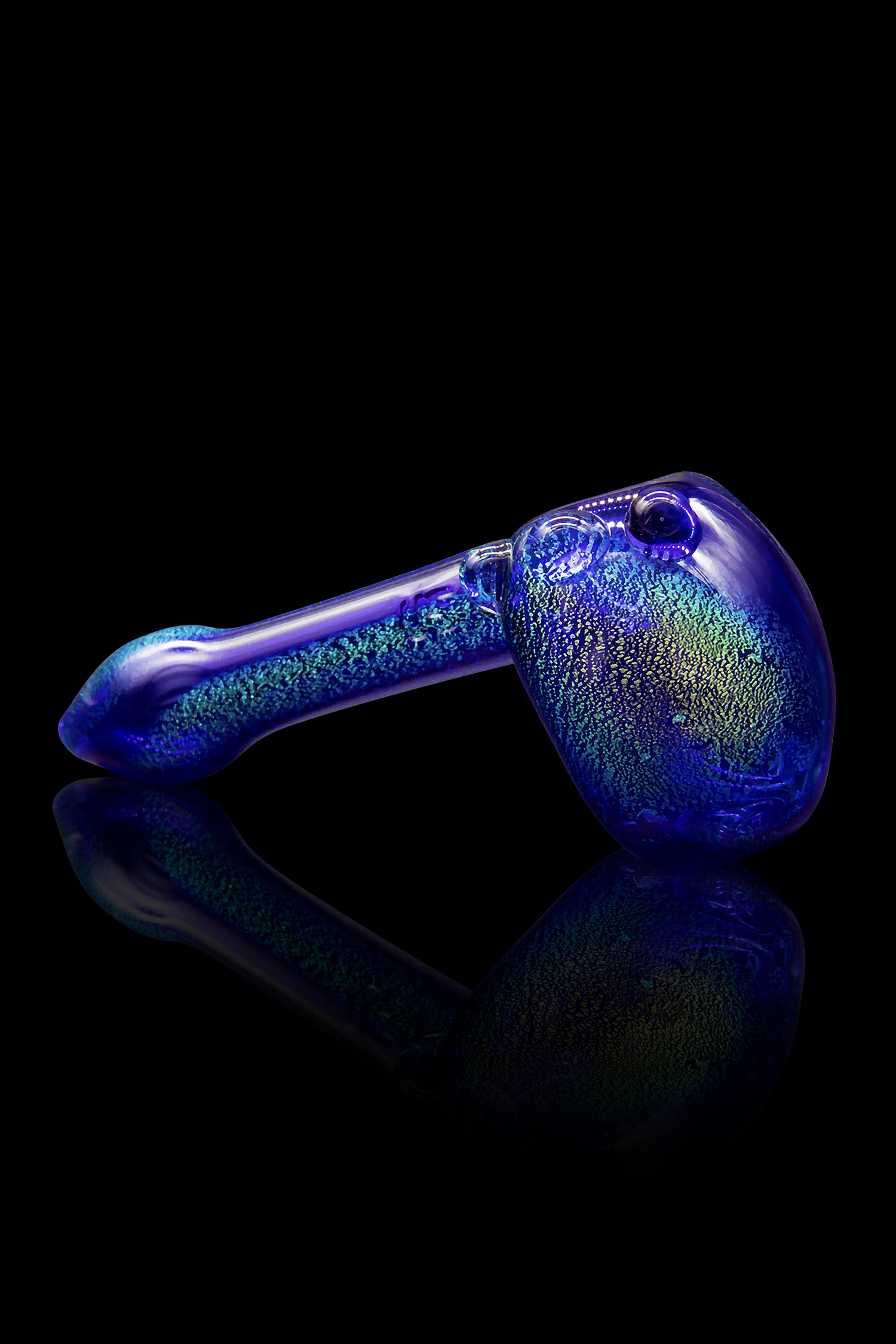 Blue glass pipe with textured surface and reflective base.