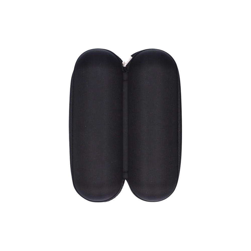 Top-down view of the black Padded Hard Shell Case - Large opened flat to show its twin rounded compartments and central zipper.