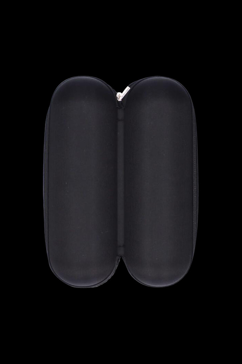Top-down view of the Padded Hard Shell Case - Large showing its black double-lobed shell and centered silver zipper against a black background