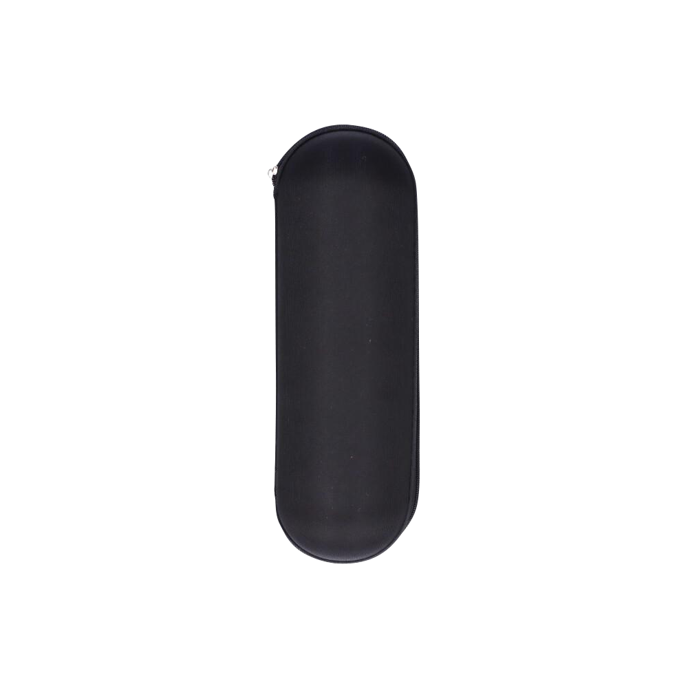 Top-down view of the black Padded Hard Shell Case - Large showing its elongated oval shape and smooth zippered edge.