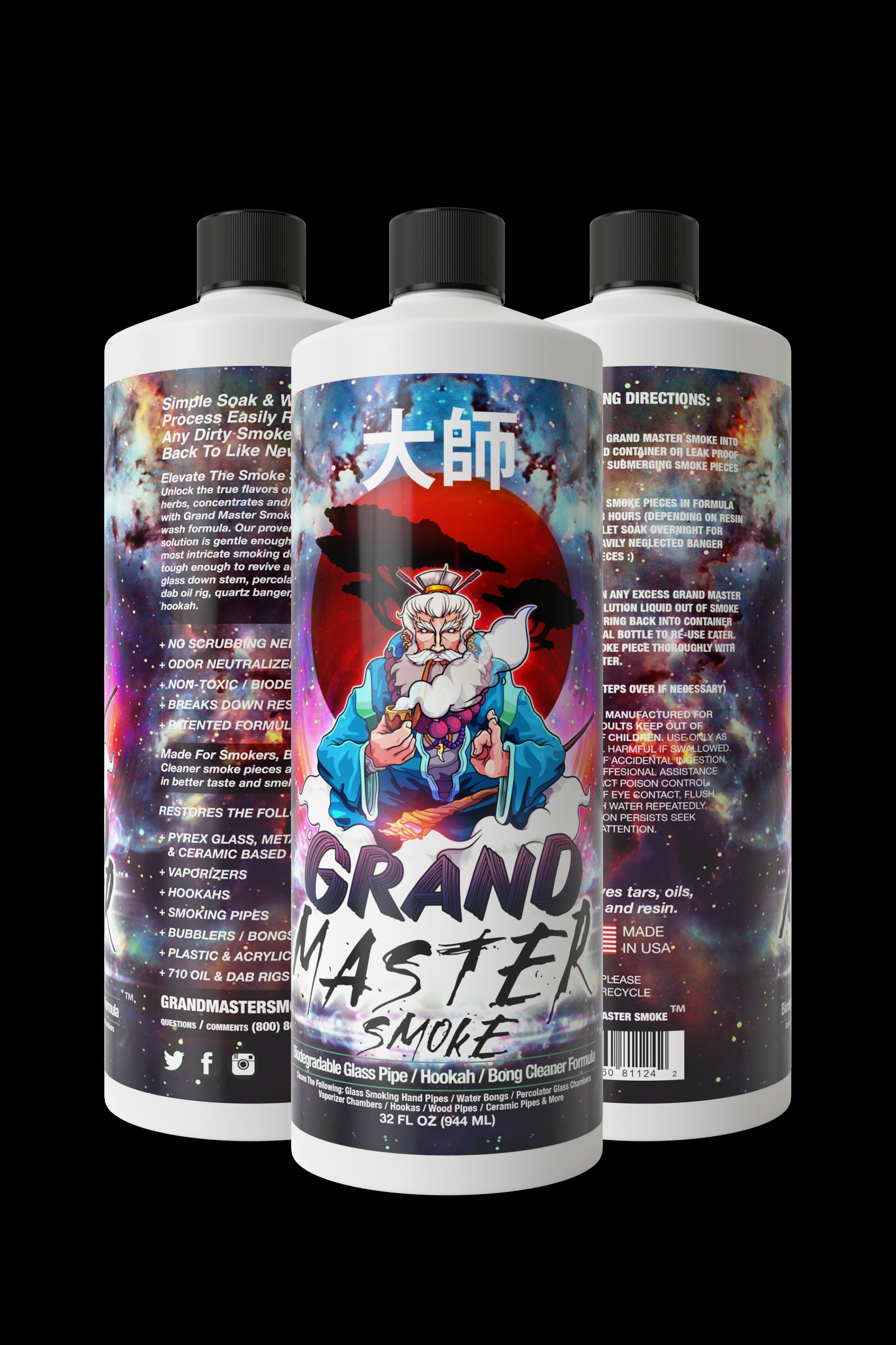 A colorful bottle of “Grand Master Smoke” cleaning solution for glass pipes, bongs, and other smoking accessories, featuring anime-style art of a warrior.