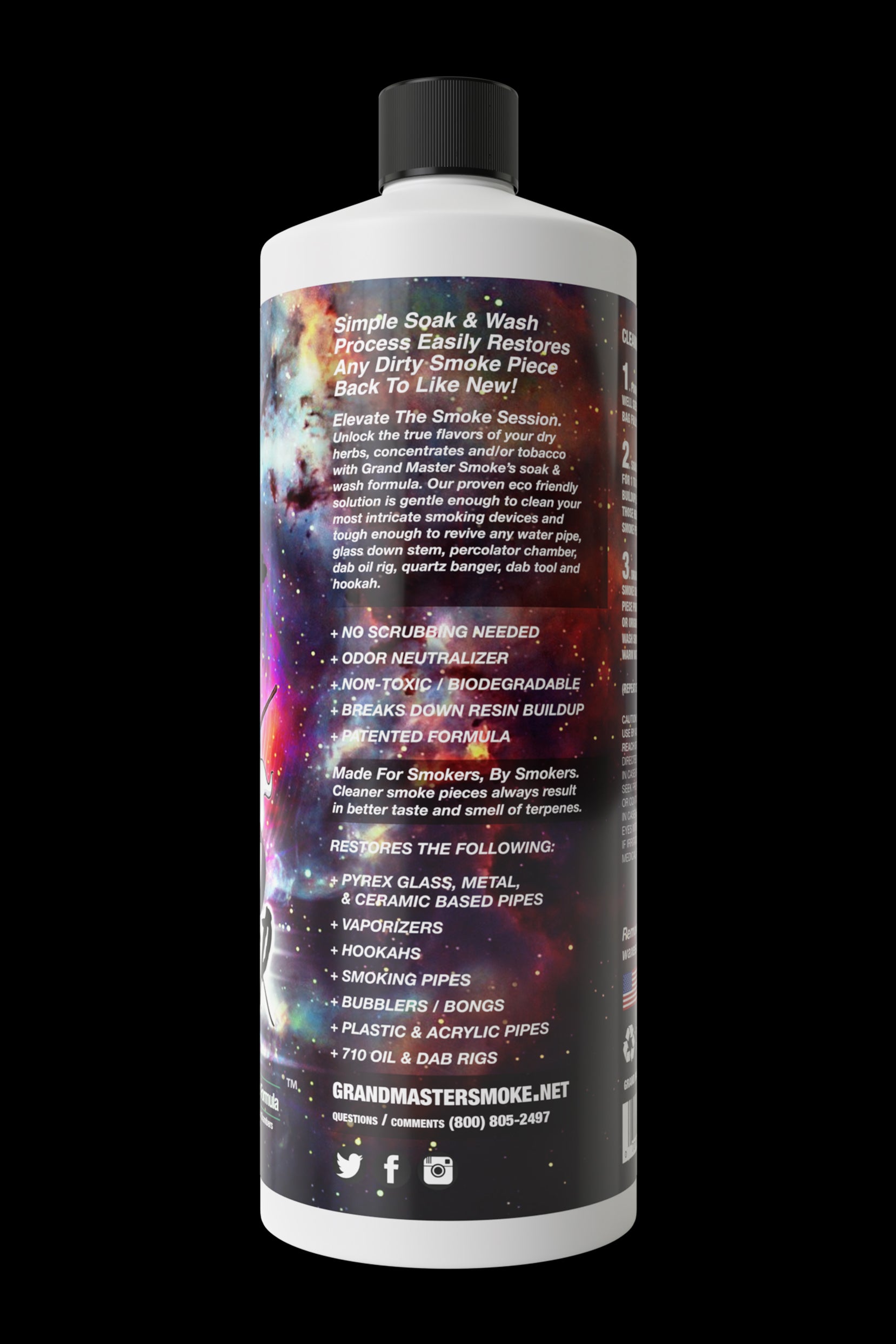 A bottle of Grandmaster Smoke cleaning solution for cannabis pipes, bongs, and dab rigs, promising to restore pieces to like-new condition with a simple soak and wash.