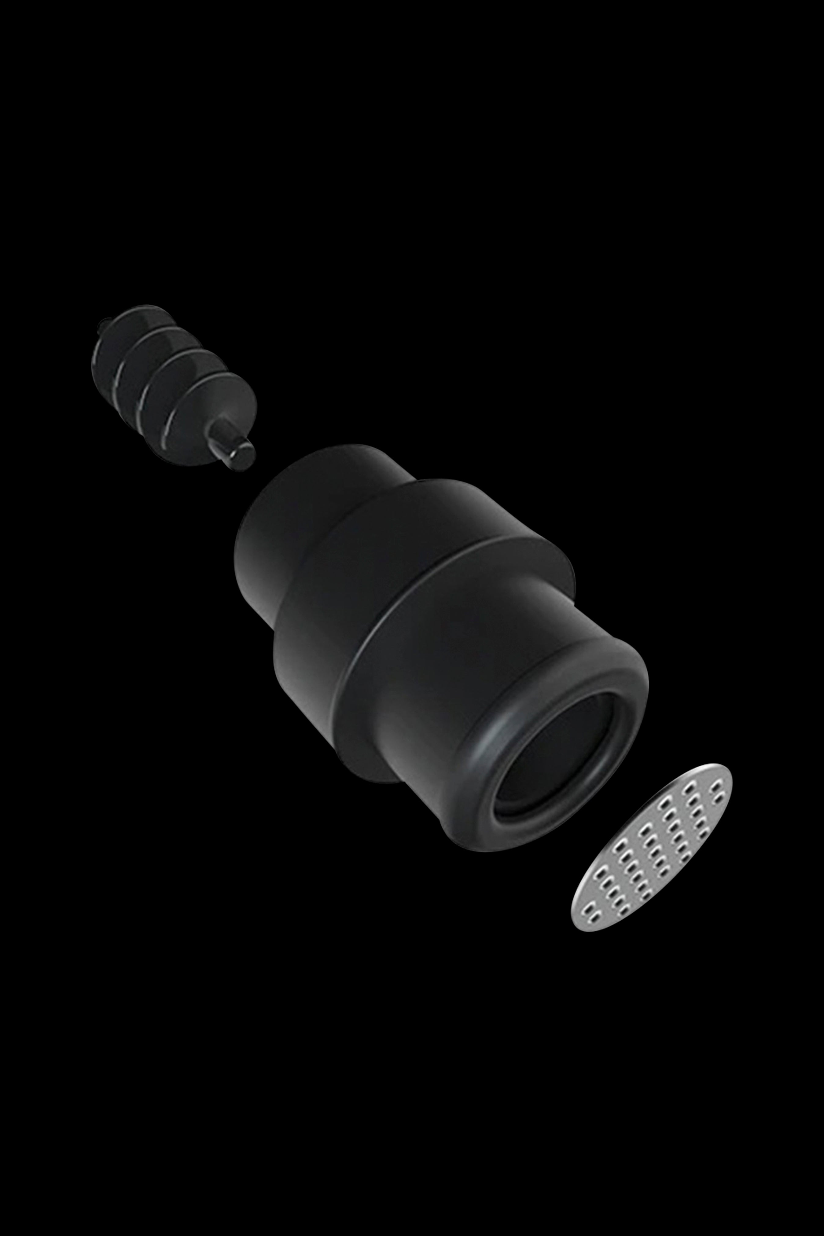 Black cannabis oil vape cartridge components disassembled, including mouthpiece, tank, and filter.