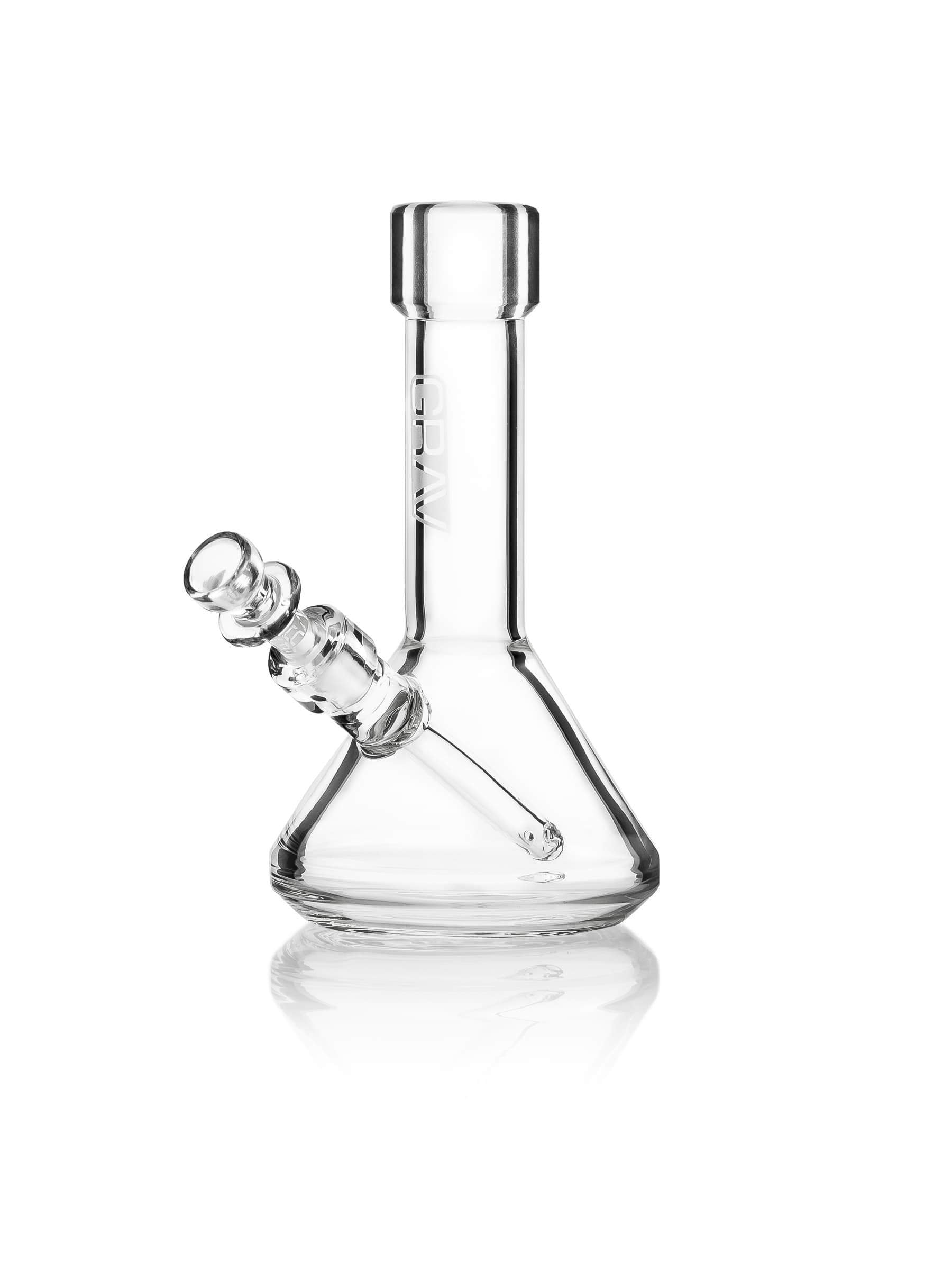 Front view of the GRAV® Mini Beaker, a clear glass water pipe with a simple, rounded beaker shape and reflective surface.