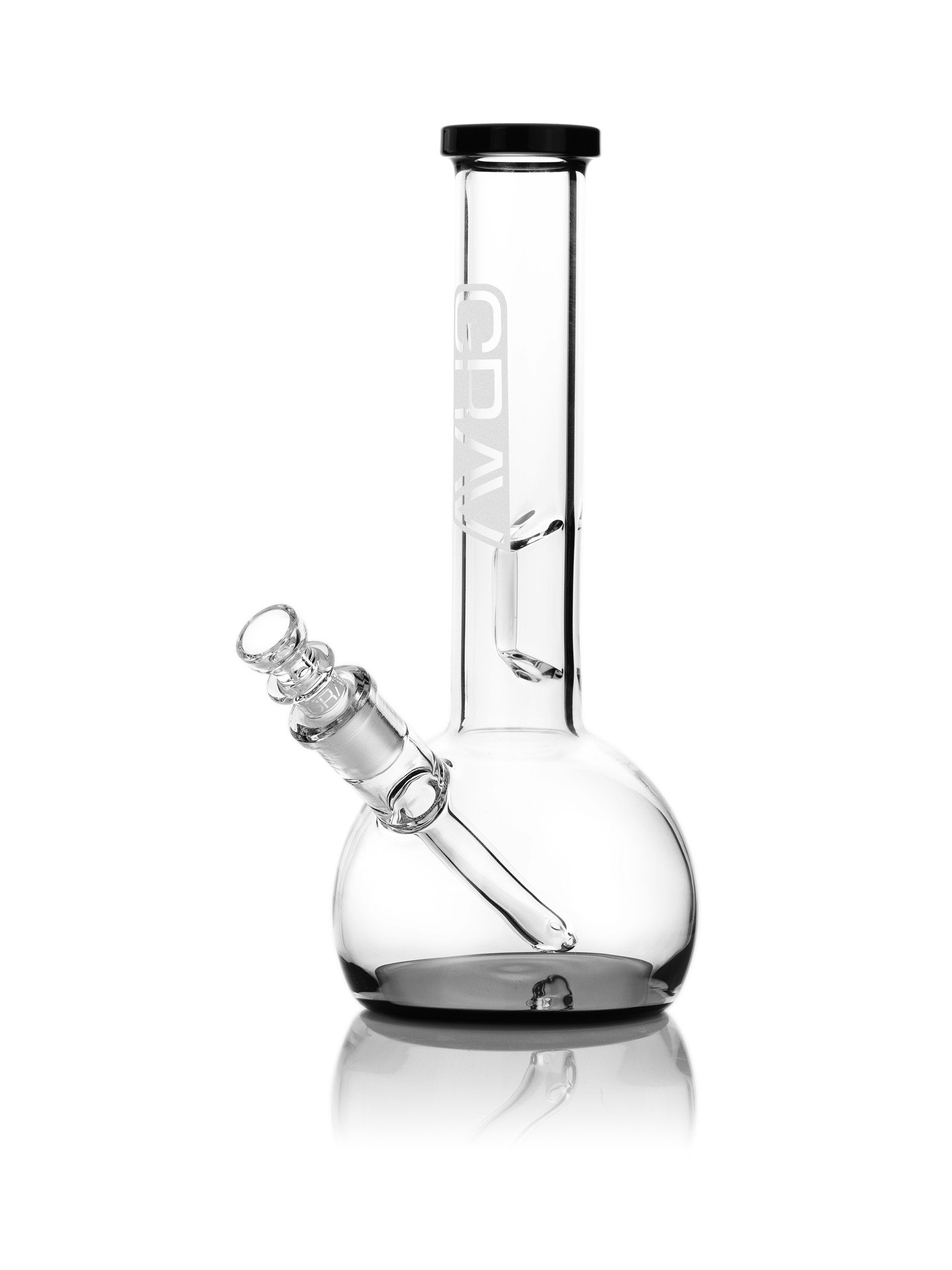 A studio shot of the GRAV® Small Round Base Water Pipe with Black Accents, presented at a slight angle with clean, simple lines.