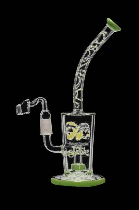 Front view of the Cheech & Chong "Maui Waui" Dab Rig, showing the clear glass with a green accent and angled neck.