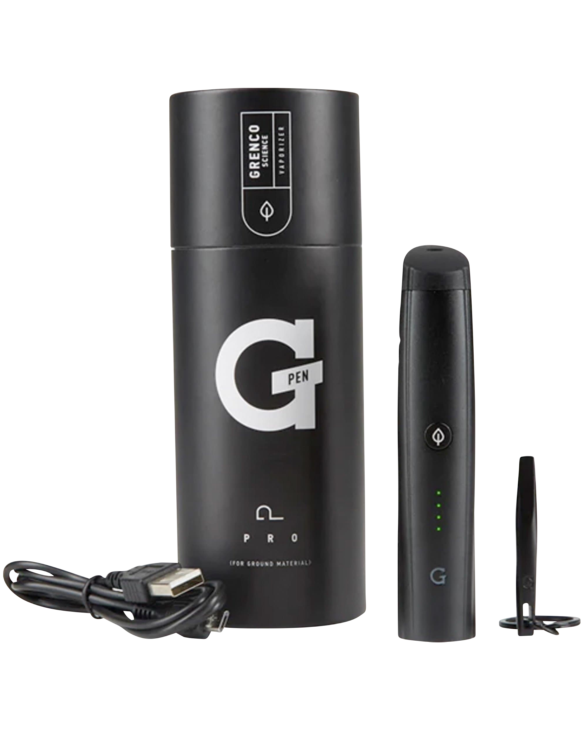 Front view of the Pro Vaporizer, a sleek, black pen-shaped device with a charging cable, against a plain white background.