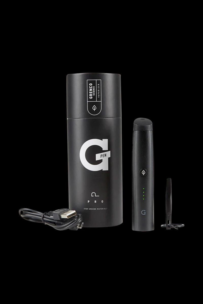 Front view of the Grenco Science Pro Vaporizer, a sleek, silver pen-style device against a dark background.