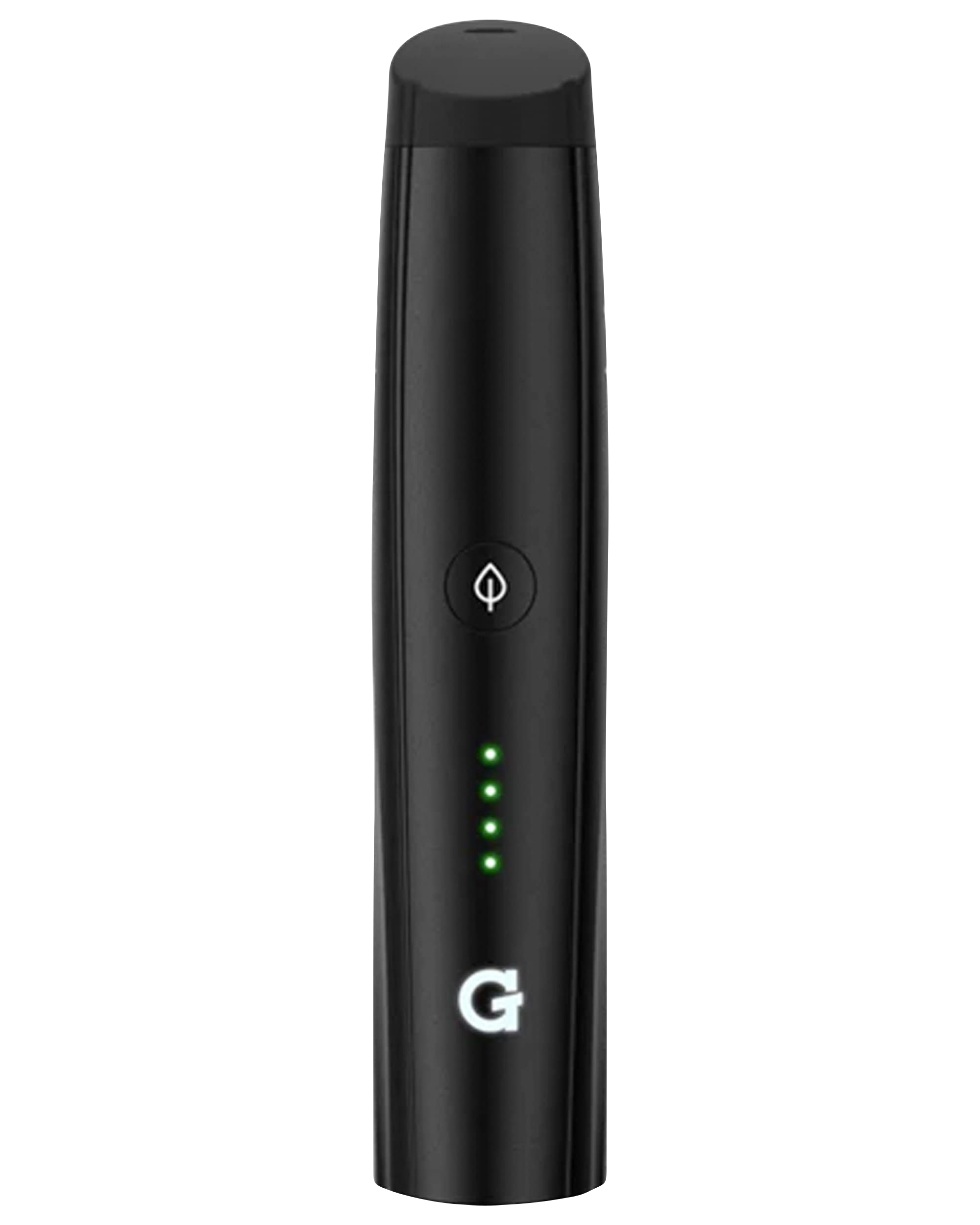 Front view of the Pro Vaporizer, a sleek, black device with a minimalist design and a smooth, cylindrical shape.