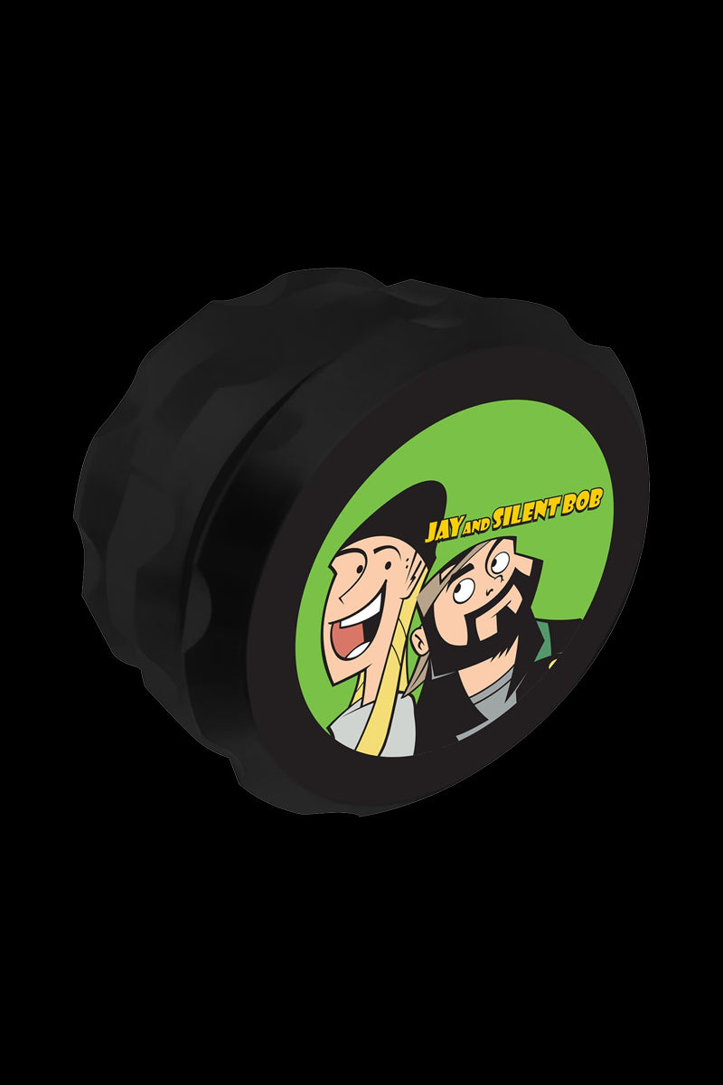 A detailed close-up of the Jay and Silent Bob Grinder, showing its metallic construction and intricate design details.