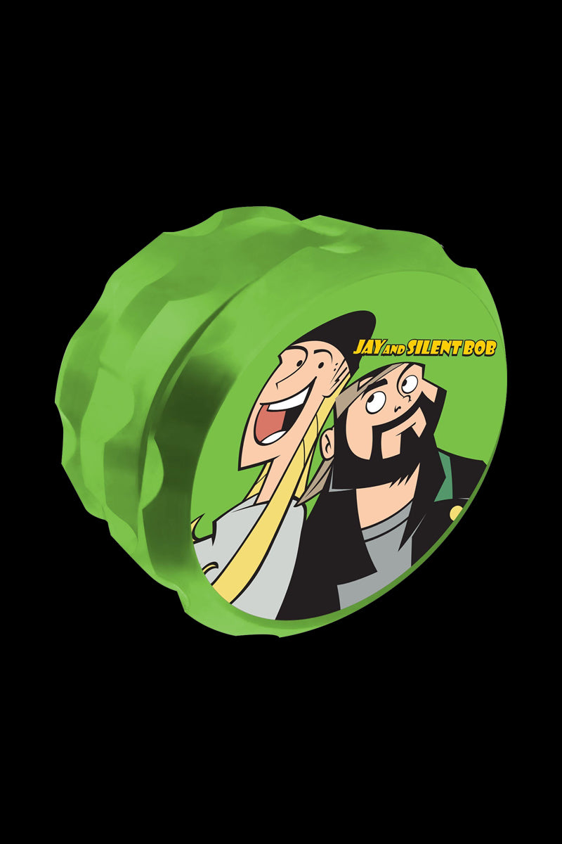 Front view of the Jay and Silent Bob Grinder, a round, green grinder with a cartoon depiction of the iconic duo.